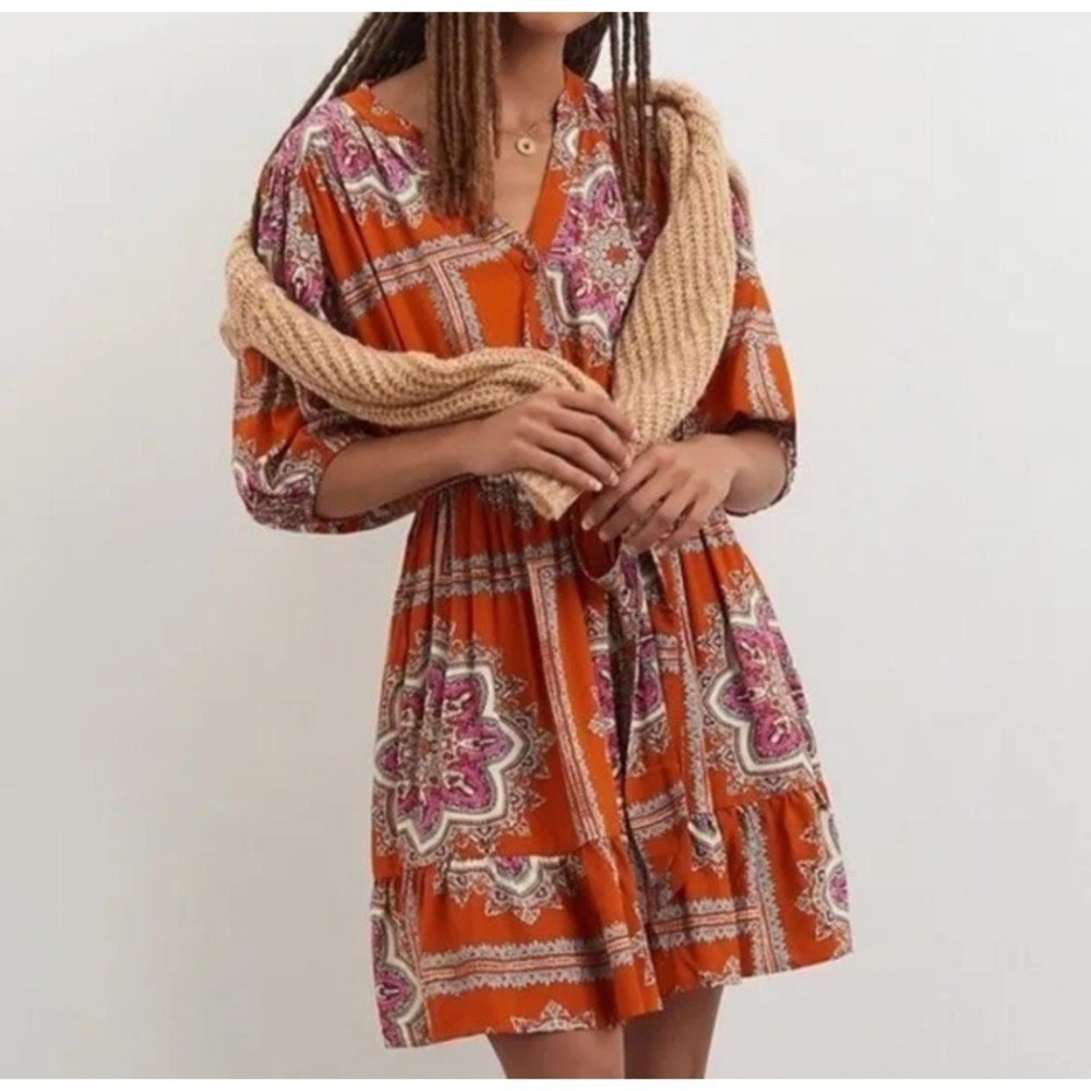 Anthropologie Porridge Isabel Scarf Print Puff Sleeve Belted Mini Dress Size S - Picture 4 of 7